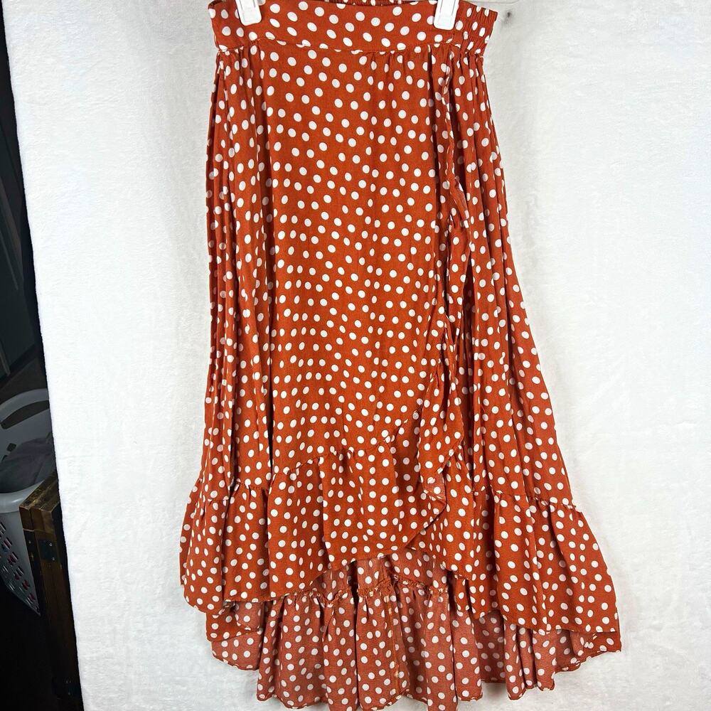 Maje Brown White Polka Dot A-Line Midi Skirt Pull On Ruffle Layered Size S